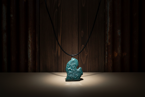 Teal Textured Michigan Pendant Necklace with Black Cord