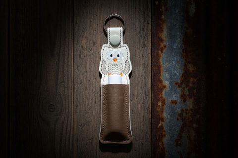 Cream & Brown Owl Embroidered Chapstick Holder Keychain