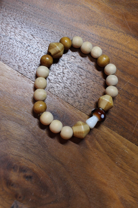 Brown Mushroom w/ Tan round and Bi-cone wood beads Bracelet by Theiss