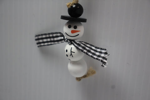 Wooden Snowman Ornament with Black and White Gingham Scarf and Black Hat