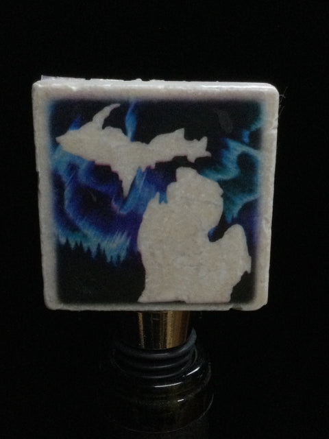 Northern Lights Background MI Tile Wine Stopper by Ravaged Barn