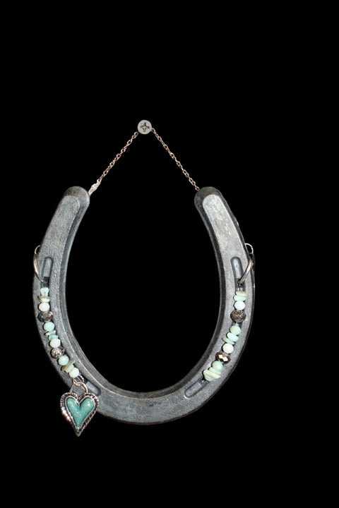 Live Lucky Decorative Horseshoe Emerald Glass Beads and Turqouis Heart Charm