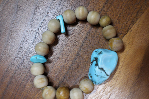 Turqouise Chunk w/2 Turq Chip & Tan Wood Bead Bracelet by Theiss