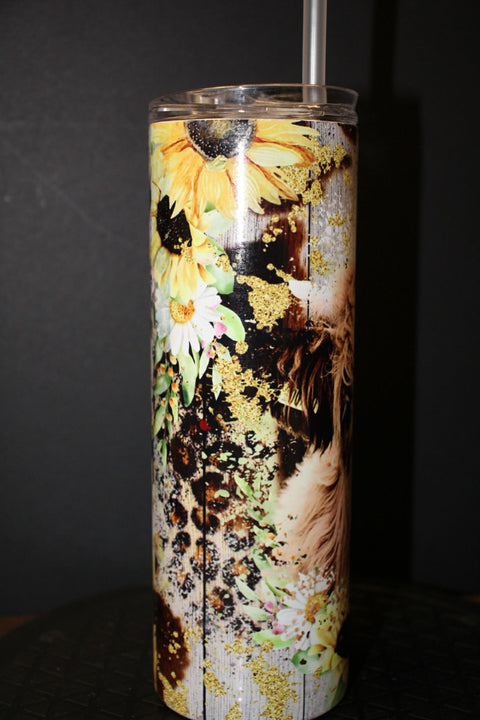 Highland Cow with Sunflowers Tumbler by Blue Petal Gfts