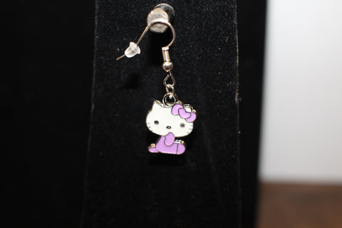 Handmade Hello Kitty Earrings with Purple Bow and Outfit in Silver-Tone