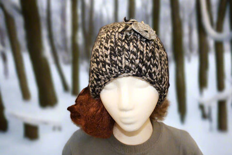 Black and Grey Speckle Knit Hat With Black and Grey Clay Button