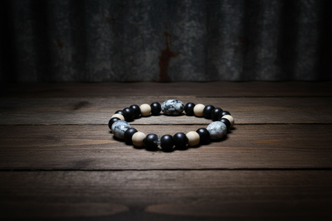Black & White Marble Beads w/ Black & tan small wood Beads Bracelet by Theiss