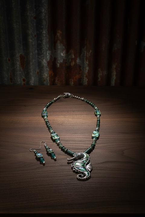 Outrageously Millie Abalone Seahorse Necklace and Earring Set