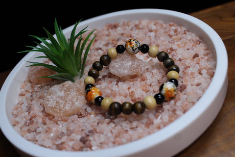 Orange& Black Beads W/ Brown, Tan, & Black small Wood  Beads Bracelet by Theiss