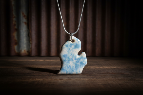 Marbled Blue and White Michigan Pendant Necklace with Silver Chain