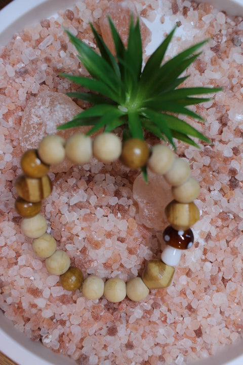 Brown Mushroom w/ Tan round and Bi-cone wood beads Bracelet by Theiss