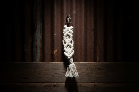 Beige Macramé Keychain with Tassel and Gold Clip