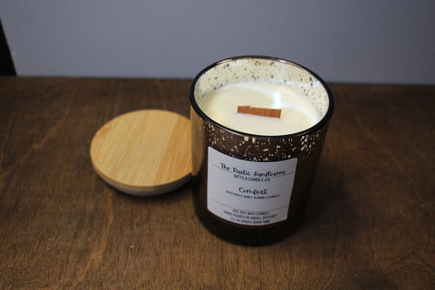 Rustic Sunflower Black Speckled Glass Candle with Bamboo Lid, 8oz Soy Wax