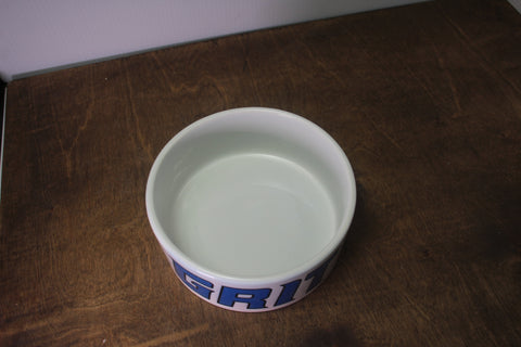 White Ceramic Pet Bowl with Blue "GRIT" Text Design – Durable Feeding Dish