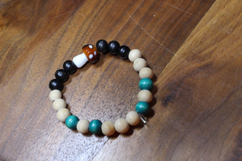 Brown Mushroom with Green, Black and Tan Wood Beads  Bracelet by Theiss Tye Dye