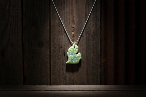 Textured Green Michigan-Shaped Ceramic Pendant on Silver Cord Necklace