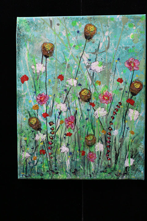 Abstract Mixed Media Wildflower Canvas Art w/Glass Shards