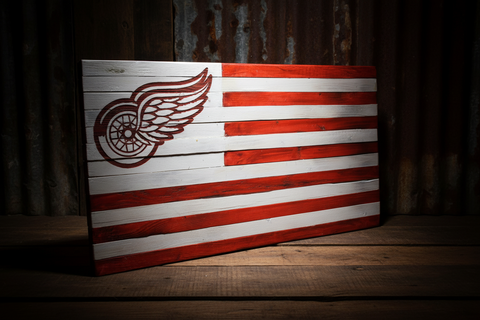 Wooden flag with a red and white design on a wooden surface