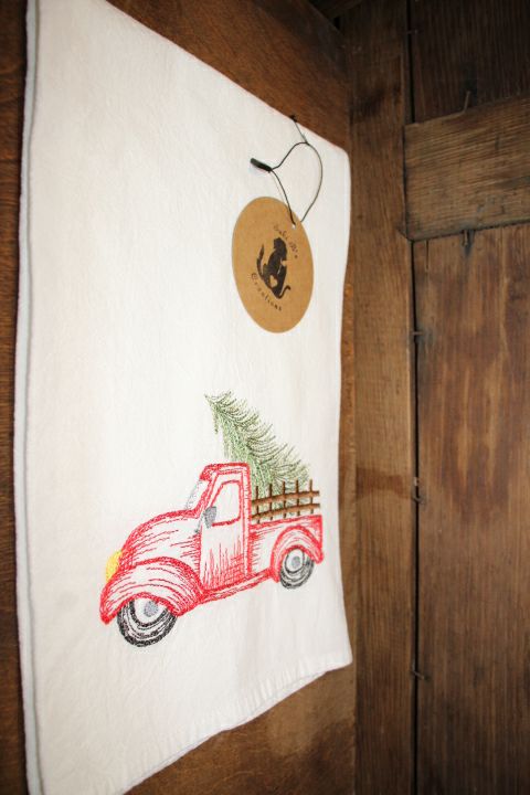 Red Truck Christmas Embroidered Tea Towel by Suki B's Creations