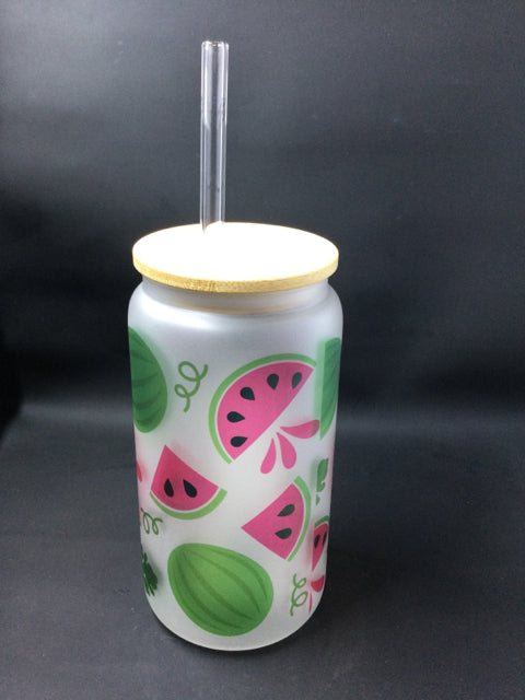 Watermelon  18 oz Frosted Glass Tumbler by Allison Temple