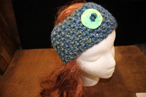 Heathered Blue Knitted Headband W/ Yellowand Bluish Green Button