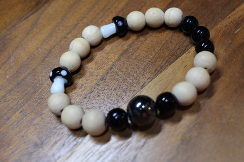 Black Mushroom W/Hemitite and Tan Wood Beads  Bracelet by Theiss Tye Dye Studio