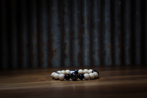 Black Mushroom W/Hemitite and Tan Wood Beads  Bracelet by Theiss Tye Dye Studio