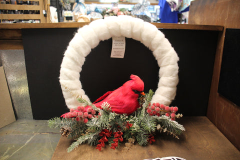 Winter White Wreath with Red Cardinal, Frosted Berries, and Pinecone Accents