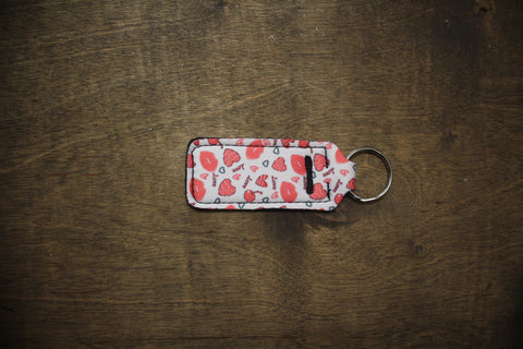 White Fabric Chapstick Keychain with Red Lip Prints and Heart Pattern