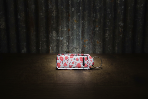 White Fabric Chapstick Keychain with Red Lip Prints and Heart Pattern