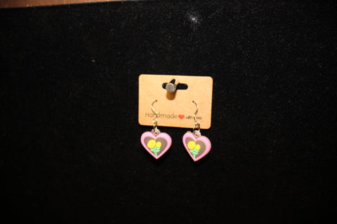 Pink Flower Heart Dangle Earrings by Denise Milton