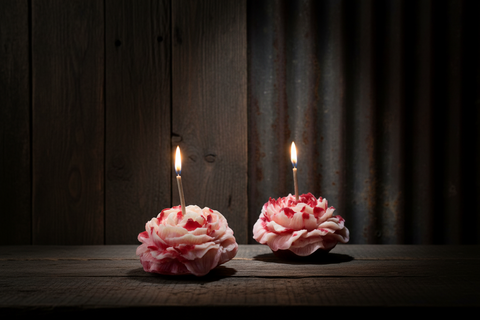 White, Pink with Red Wax Rose Candle with Single Wick