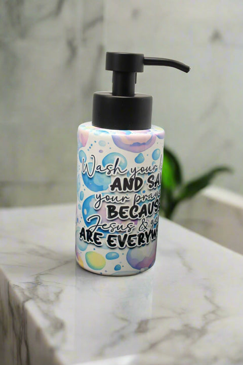 "Motivational Bubble-Themed Soap Dispenser with Black Pump and 'Wash Your Hands'