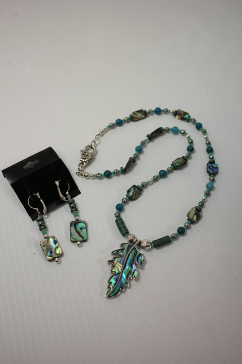 Outrageously Millie Abalone Oak Leaf Necklace and Earring Set