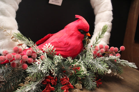 Winter White Wreath with Red Cardinal, Frosted Berries, and Pinecone Accents