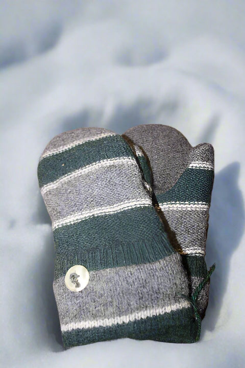 Green and Gray Striped Mittens with Pearl Button