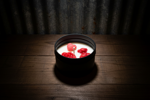2-Inch Round Black Tin Candle with Red Wax Rose, Bear, and Heart Accents