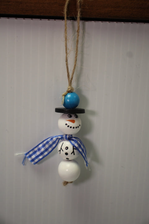 Wooden Snowman Ornament with Blue and White Gingham Scarf and Black Hat