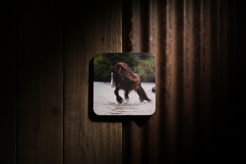 Shaggy Brown Horse Galloping Through Water Cork-Backed Coaster