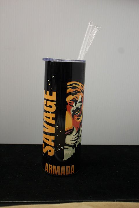 "Stainless Steel Insulated Tumbler with Tiger Design, 'Savage Armada' Text, and