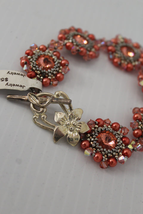 Sunset Glow Coral Crystal and Silver Beaded Bracelet