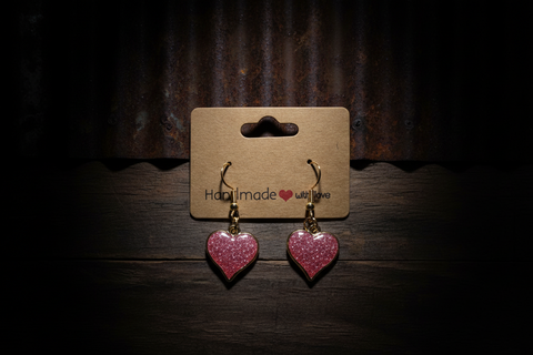 Handmade Light Pink Glitter Heart Earrings with Gold-Tone Finish