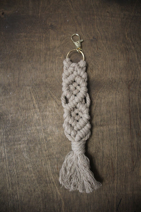 Taupe Macramé Keychain with Tassel and Gold Clip