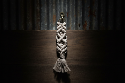 Taupe Macramé Keychain with Tassel and Gold Clip