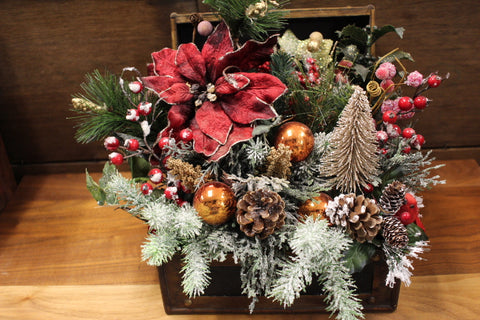 Christmas Floral Arrangement W/ Red Velvet Poinsettia & Pine Cones in Wood Box