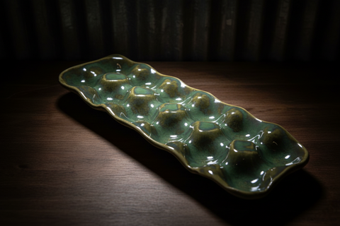 Glossy Green and Gold Ceramic Egg Tray with Iridescent Finish
