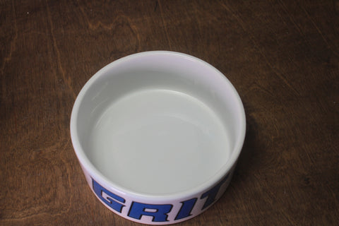 White Ceramic Pet Bowl with Blue "GRIT" Text Design – Durable Feeding Dish