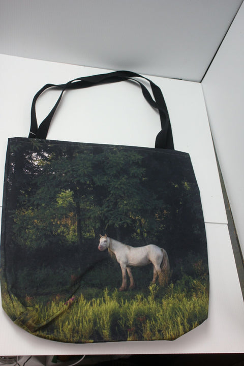 White Horse in Forest Scene Tote Bag – Bold Nature Design – By Genna Card