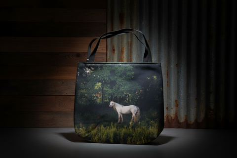 White Horse in Forest Scene Tote Bag – Bold Nature Design – By Genna Card