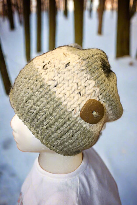 Green and Cream Striped Knit Hat W/ Wood Button